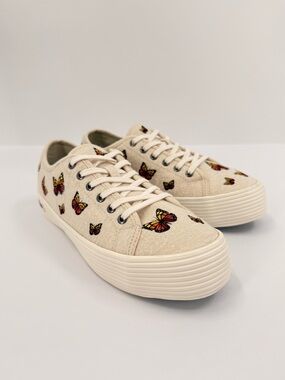 SeaVees Cream Canvas Sneakers with Multicolor Butterfly Embroidery